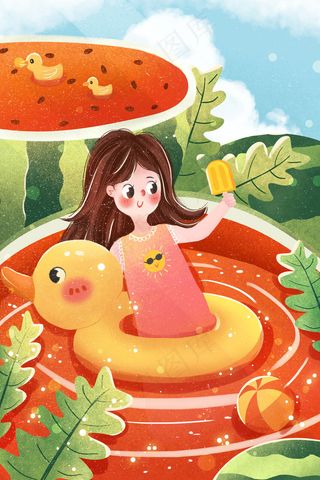 小清新立夏节气西瓜女孩吃棒冰