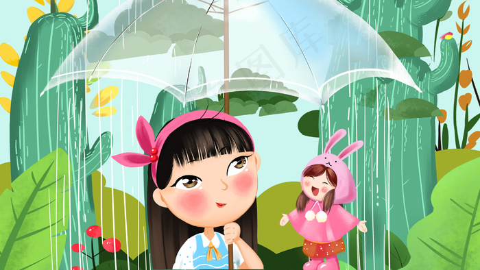 绿色系水彩风谷雨清明女孩打伞下雨配图(2880X1620(DPI:300))psd模版下载