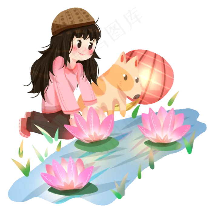 元宵节放荷花灯的小女孩,免抠元素