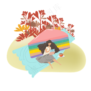 看书女孩场景阅读秋天叶子彩虹蛋