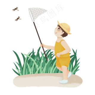 夏至捉蜻蜓的小孩手绘PNG素材