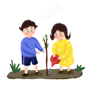 植树节情侣浇水种树手绘人物PNG