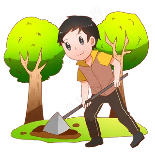 植树节铲土的小男孩