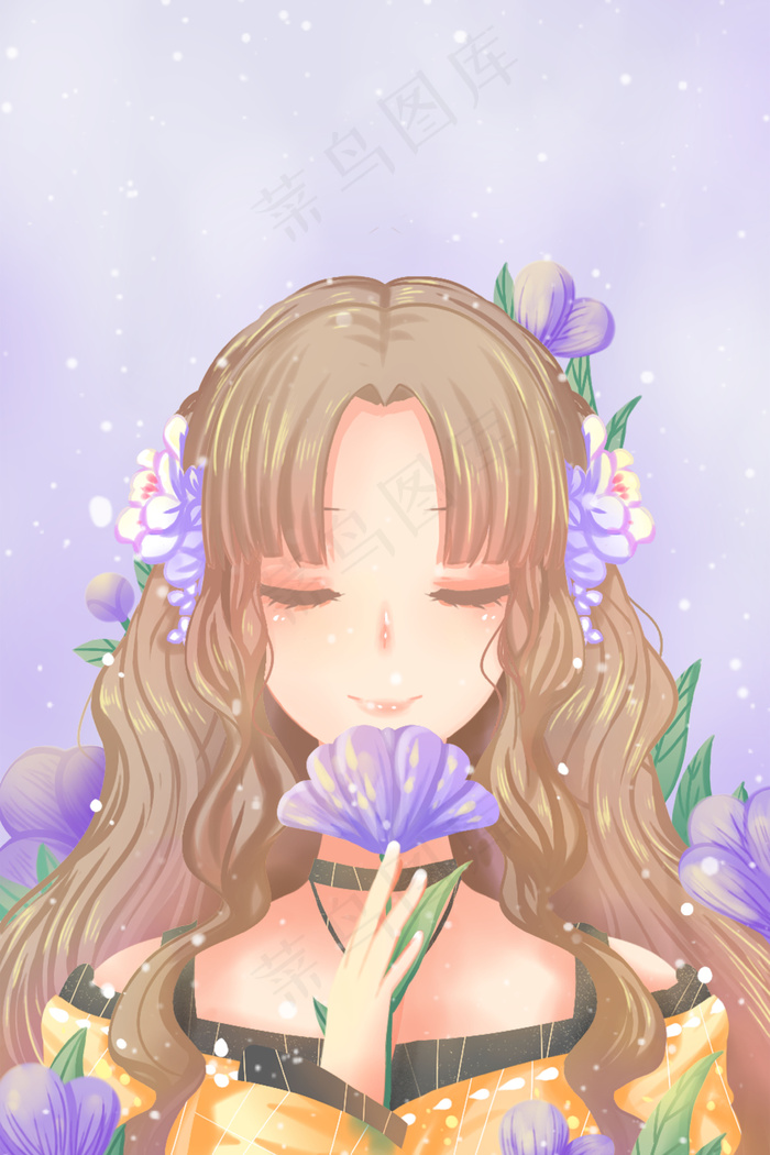 紫色唯美清新卡通文艺少女与花春季花卉配图(3545X5315(DPI:300))psd模版下载