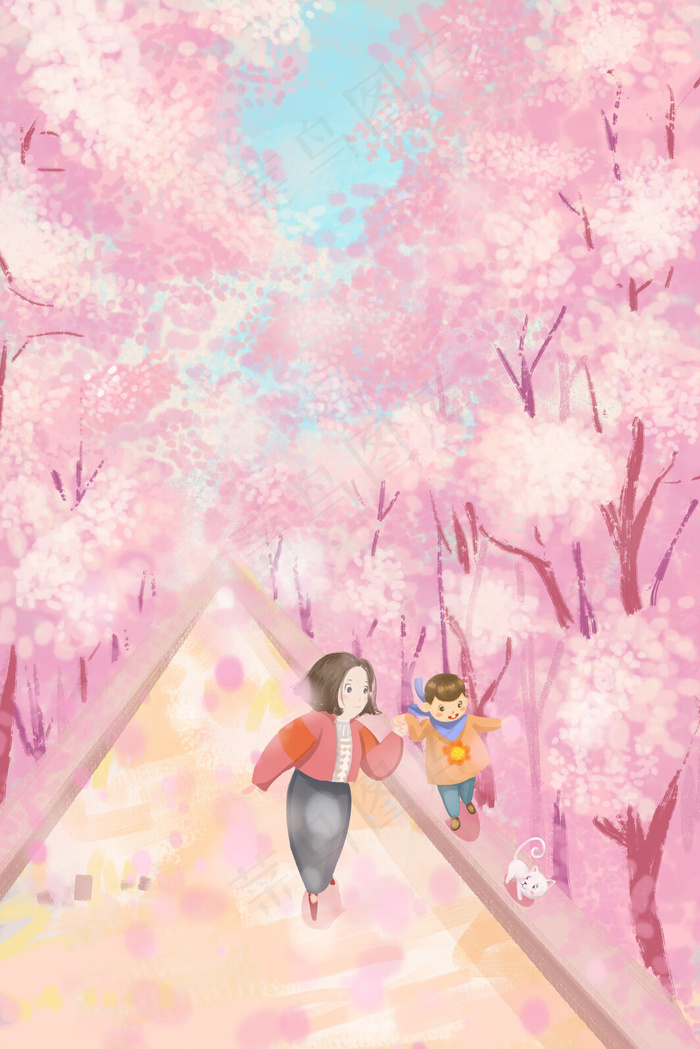 樱花节母亲牵着孩子的手在樱花树下前行(3545*5315px 300 dpi )psd模版下载