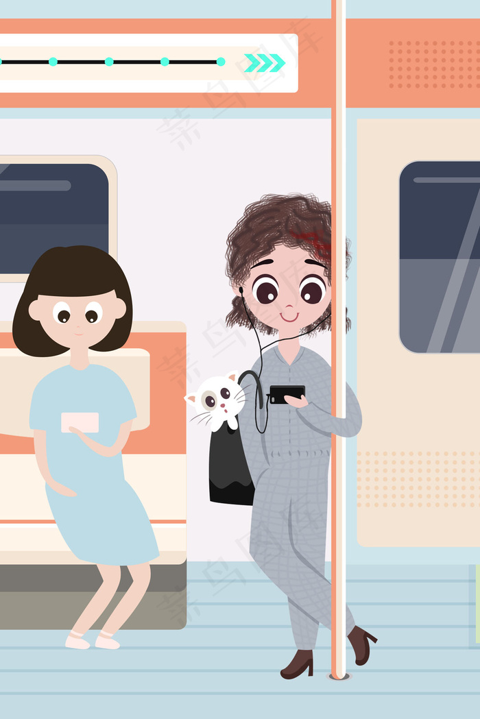 一个人生活都市女孩地铁上班路上手绘插画