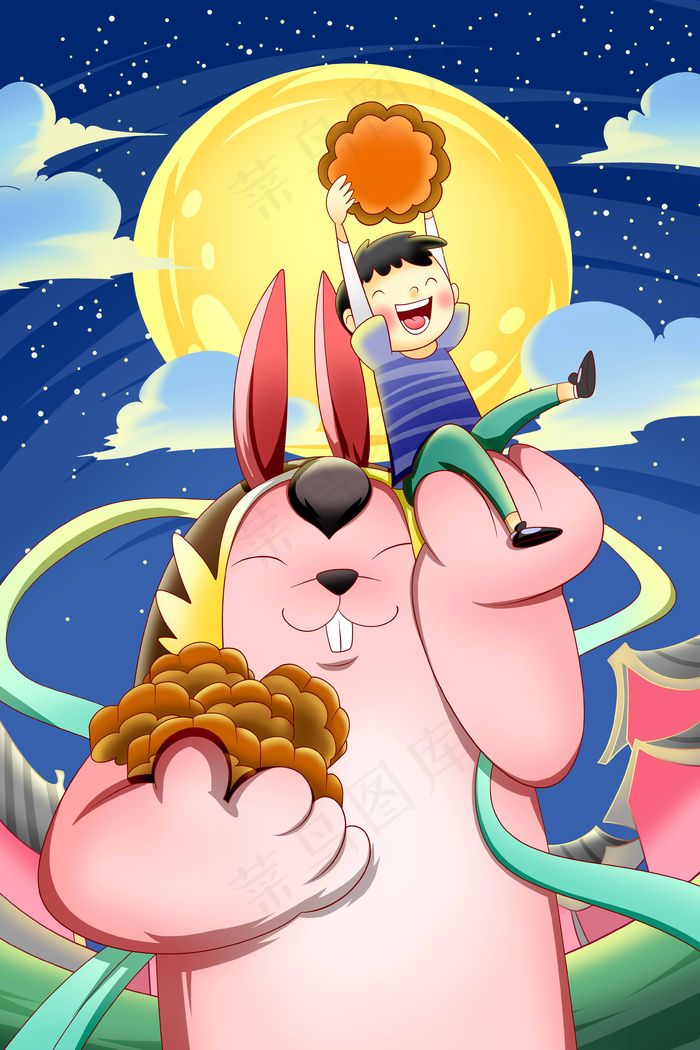 兔爷中秋节月亮手绘插画