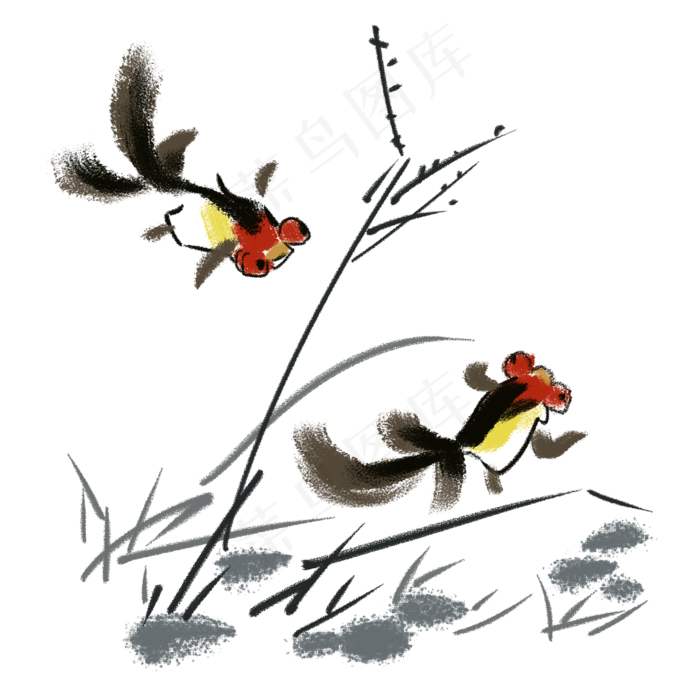 手绘水墨水彩鱼插画