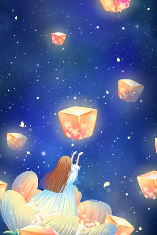 深蓝唯美卡通治愈小清新放灯祈福中秋节配图