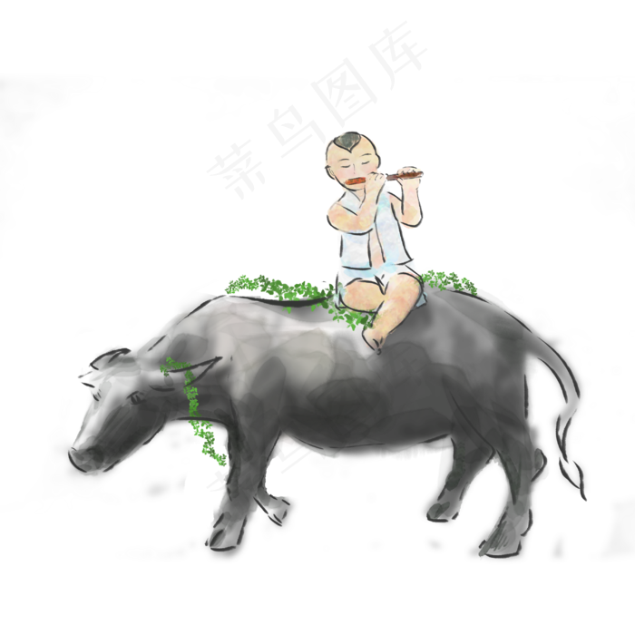 清明节牧童水牛吹笛子,免抠元素