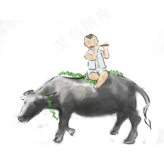 清明节牧童水牛吹笛子,免抠元素