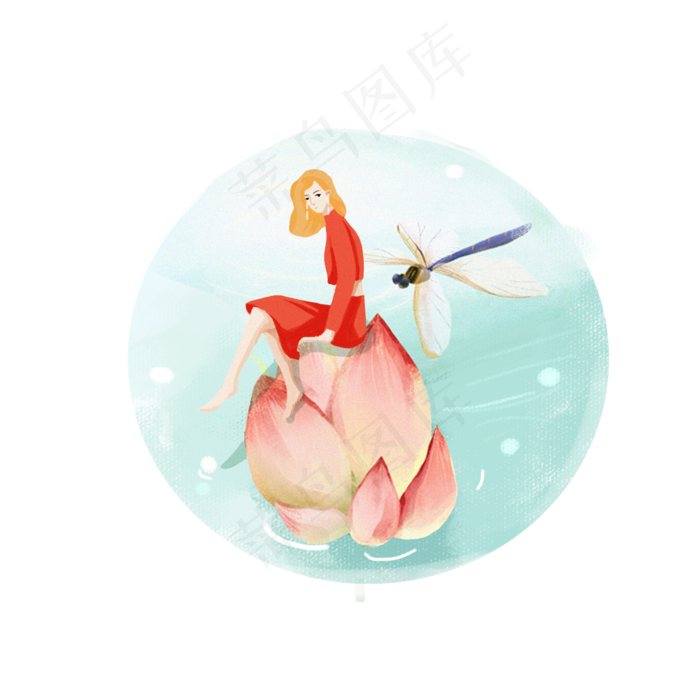 夏至金发女荷花和蜻蜓PNG素材