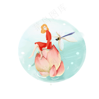 夏至金发女荷花和蜻蜓PNG素材