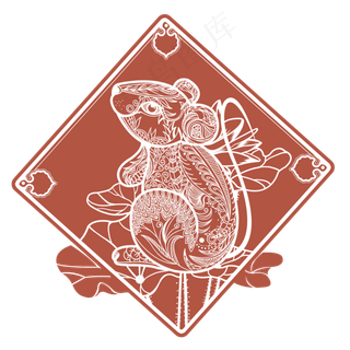 2020红底白色线条手绘老鼠