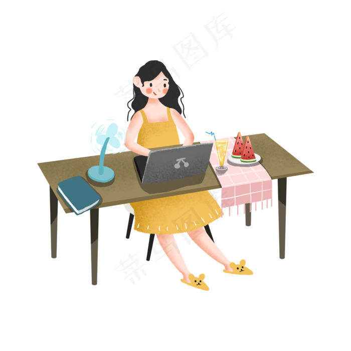 大暑吹风扇用电脑的女孩