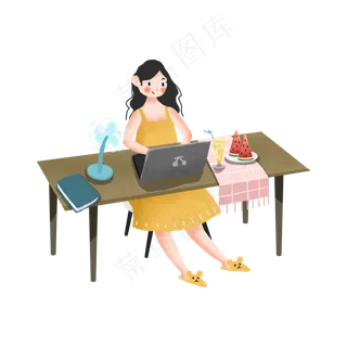 大暑吹风扇用电脑的女孩