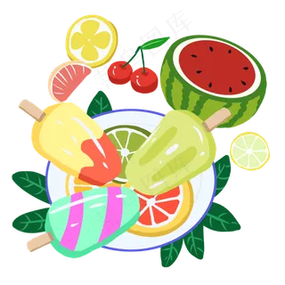 夏天绿色扁平风元素冰棍西瓜水果