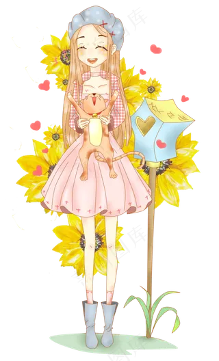 动漫手绘唯美水彩蜡笔女孩与猫咪