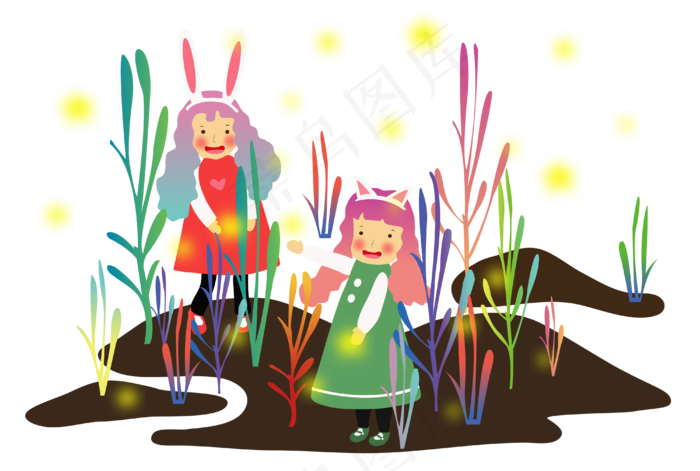 夏至夏日夜晚游玩卡通人物