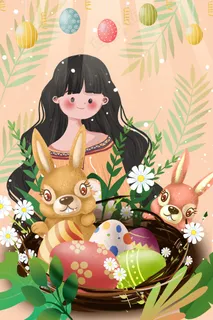 复活节兔子少女唯美治愈手绘风彩蛋野花树枝 复活节兔子少女唯美治愈手绘风彩蛋野花树枝