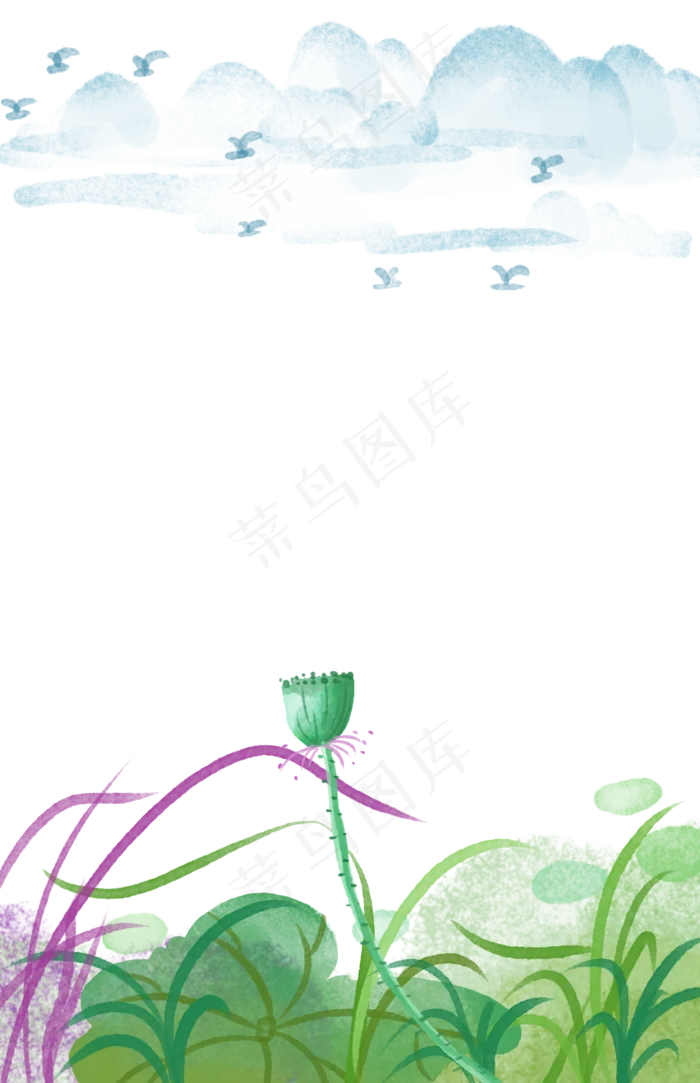 装饰春天植物荷花中国风边框PNG(1069X1654(DPI:300))psd模版下载