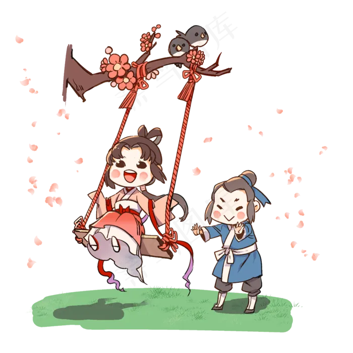 七夕牛郎织女荡秋千,免抠元素