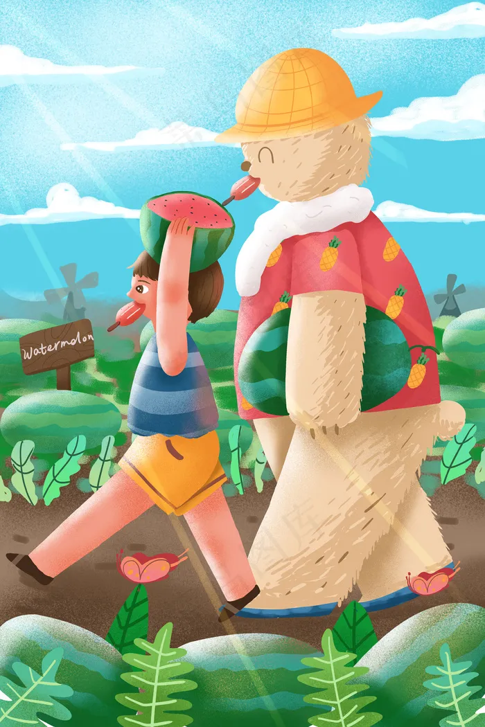夏天卡通可爱立夏男孩与熊吃西瓜配图(1125X2436(DPI:72))psd模版下载