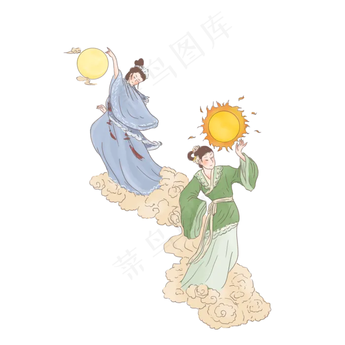 手绘中国古代神话传说羲和常羲,免抠元素(2000*2000px 300 dpi )psd模版下载
