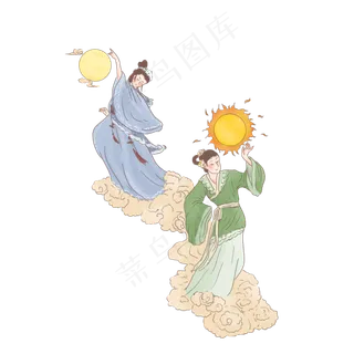 手绘中国古代神话传说羲和常羲,免抠元素