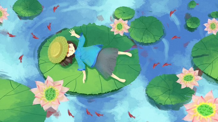 夏至绿色荷塘女孩(2880*1620px 300 dpi )psd模版下载