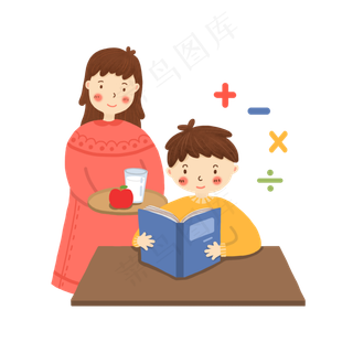 卡通妈妈给学习的孩子送水果