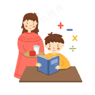 卡通妈妈给学习的孩子送水果