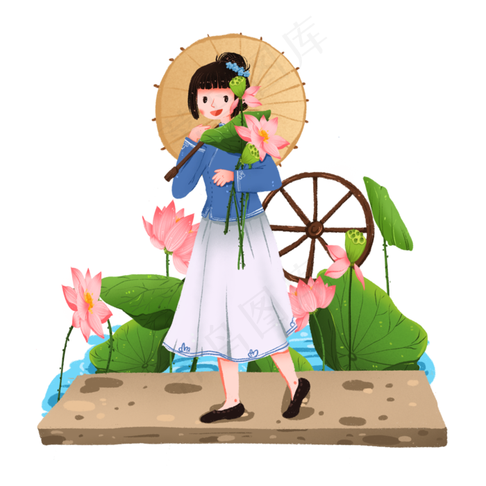 拿荷花撑伞的湖边女孩免抠元素(2000X2000(DPI:300))psd模版下载