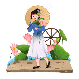 拿荷花撑伞的湖边女孩免抠元素