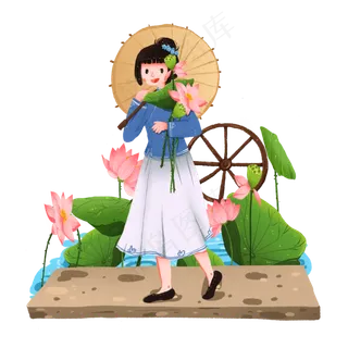拿荷花撑伞的湖边女孩免抠元素