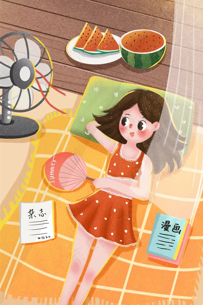 小清新大暑节气女孩躺着吃西瓜(3545*5315px 300 dpi )psd模版下载
