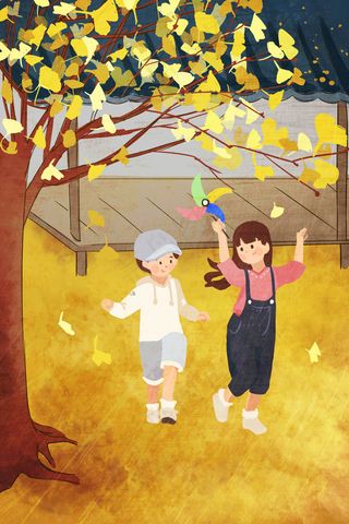 秋天落叶庭院玩耍