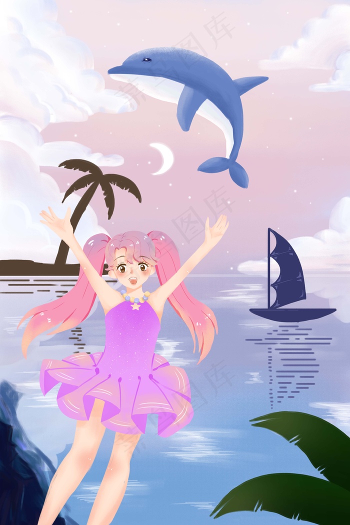 夏天夏日夏季海滩乘凉清凉泳衣可爱少女(3545*5315px 300 dpi )psd模版下载