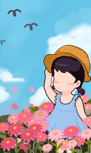 暖春里花丛中的小女孩