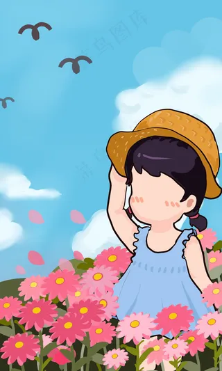 暖春里花丛中的小女孩