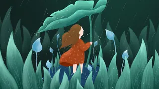 雨水女生节清明节下雨天撑伞绿色植物水唯美