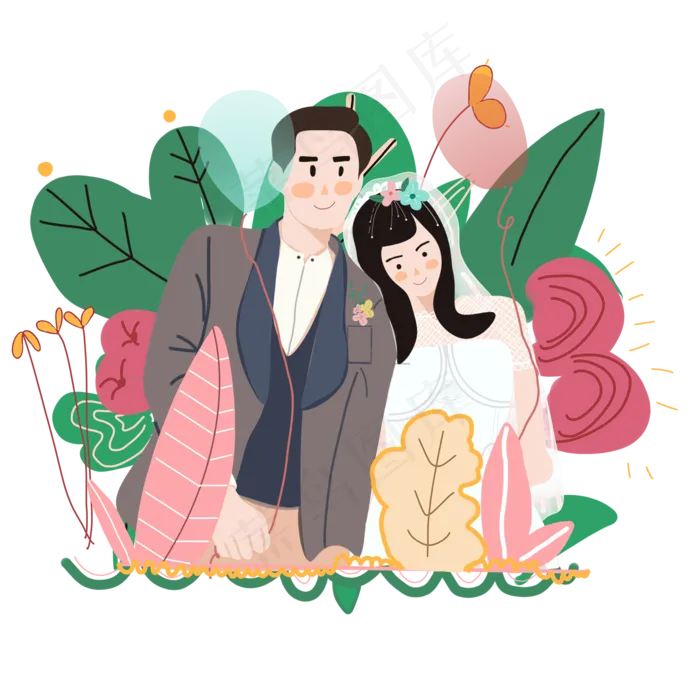 结婚婚礼小清新新人浪漫花丛礼服,免抠元素(2000*2000px 300 dpi )psd模版下载