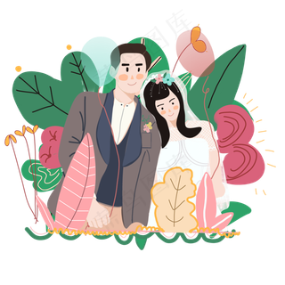 结婚婚礼小清新新人浪漫花丛礼服,免抠元素