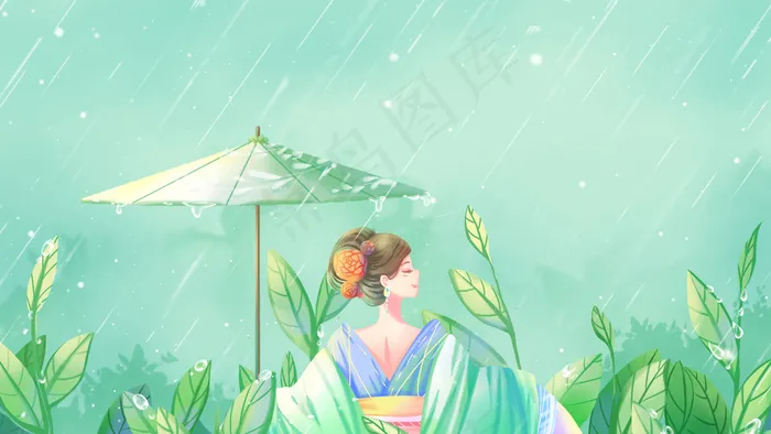 绿色唯美卡通清新夏季雨季古风少女打伞配图(2880*1620px 300 dpi )
