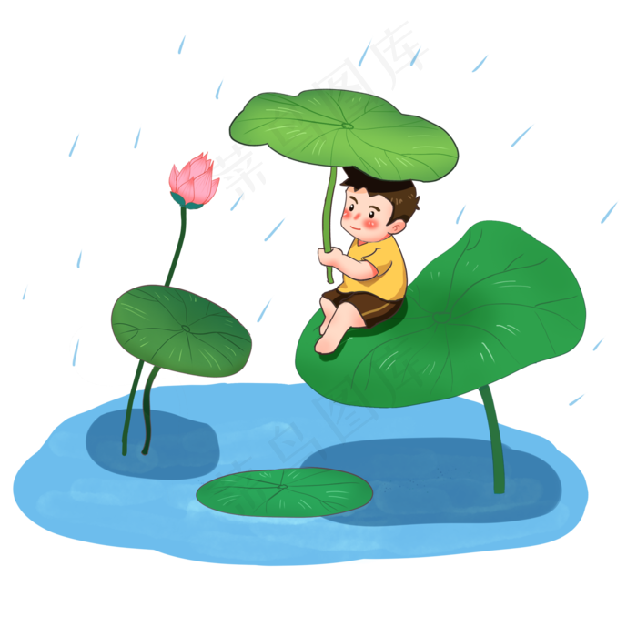 小暑大暑节气蓝色男孩拿荷叶避雨(2000X2000(DPI:300))psd模版下载
