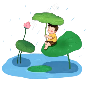 小暑大暑节气蓝色男孩拿荷叶避雨