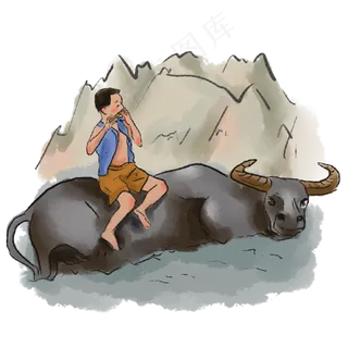 清明节水墨风水牛牧童吹笛子pn