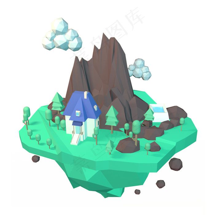 淡绿色悬空岛上住房,免抠元素