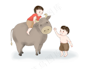 清明节中国风水彩牧童和放牛娃,免抠元素