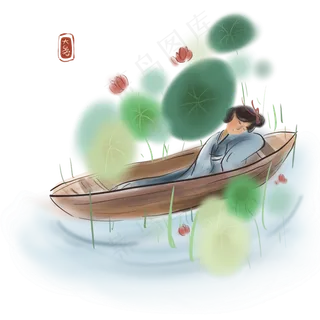 二十四节气木船上的少女,免抠元素